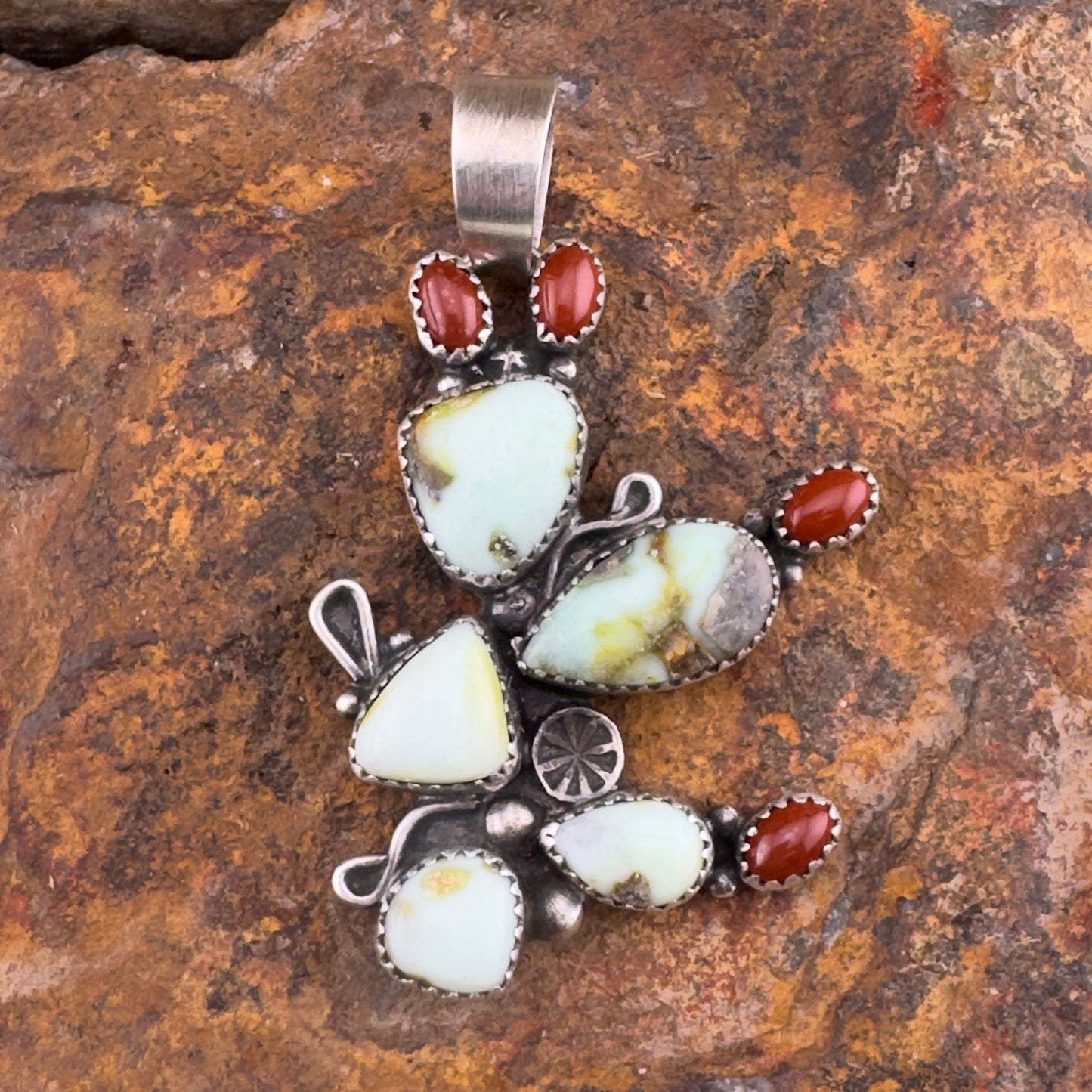 Cactus Pendant with Sonoran Gold Turquoise & Red Coral by Mary Tso