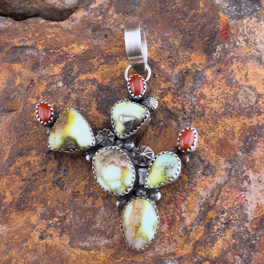 Cactus Pendant with Sonoran Gold Turquoise & Red Coral by Mary Tso