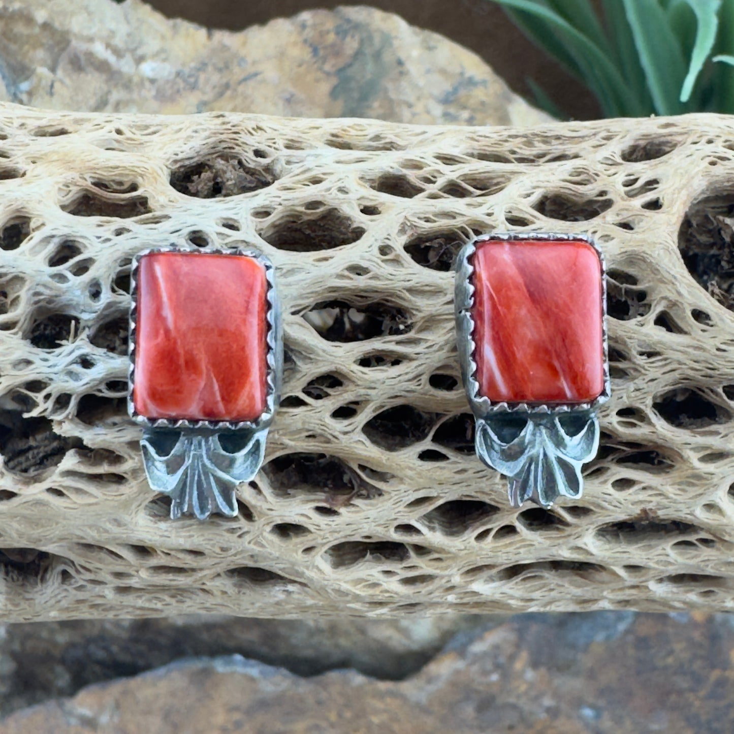 Rectangle Spiny Oyster Post Earrings by Mary Tso