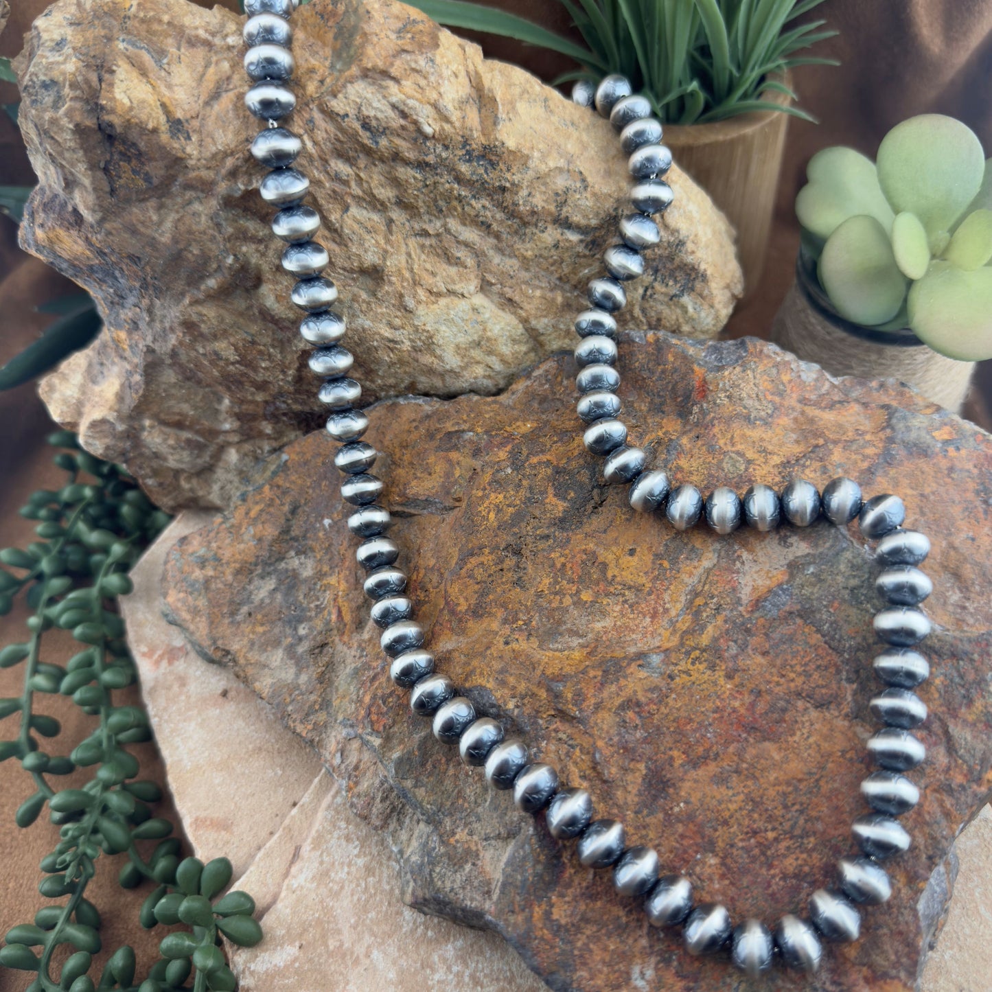 Stamped 10mm Navajo Pearls – 24" Necklace by Dorinda Mariano