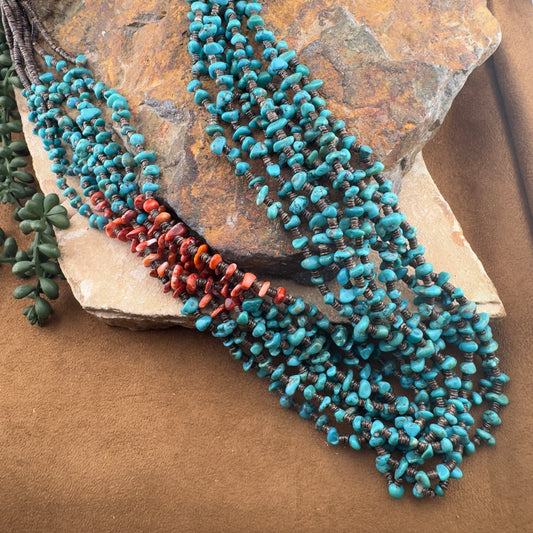 Multi-Strand Turquoise Necklace with Touch of Spiny Oyster By Daniel Coriz, Santo Domingo Pueblo