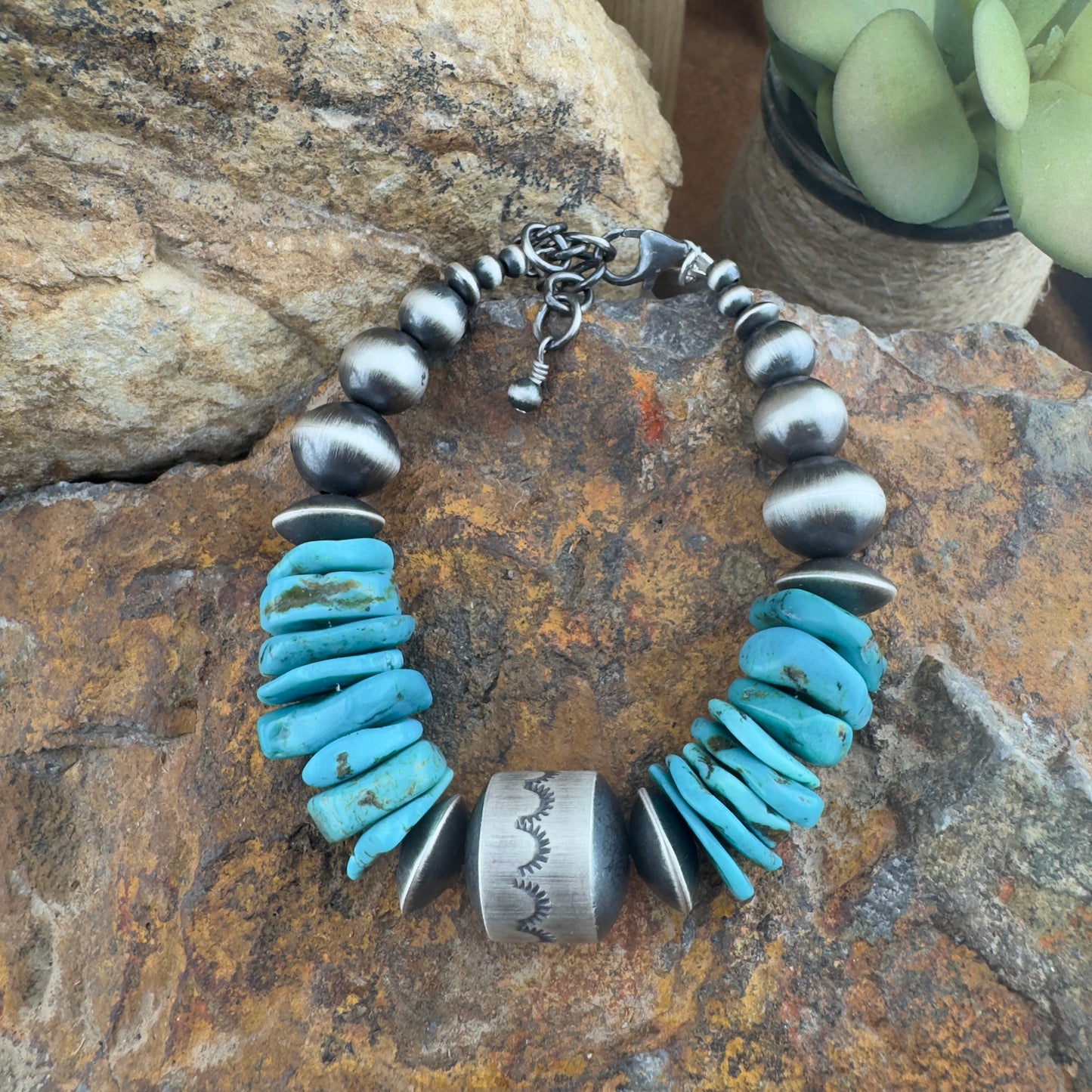 Sterling Silver & Turquoise Bead Bracelet – 7½” by Rose Martin