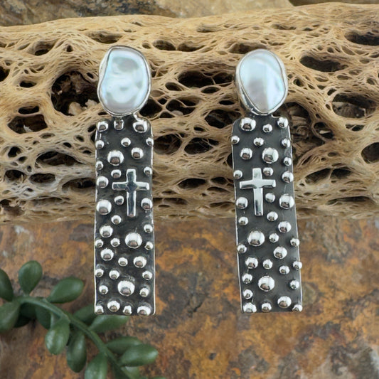 Million Drops Fresh Water Pearl Sterling Silver Cross Post Earrings by Ray Coriz