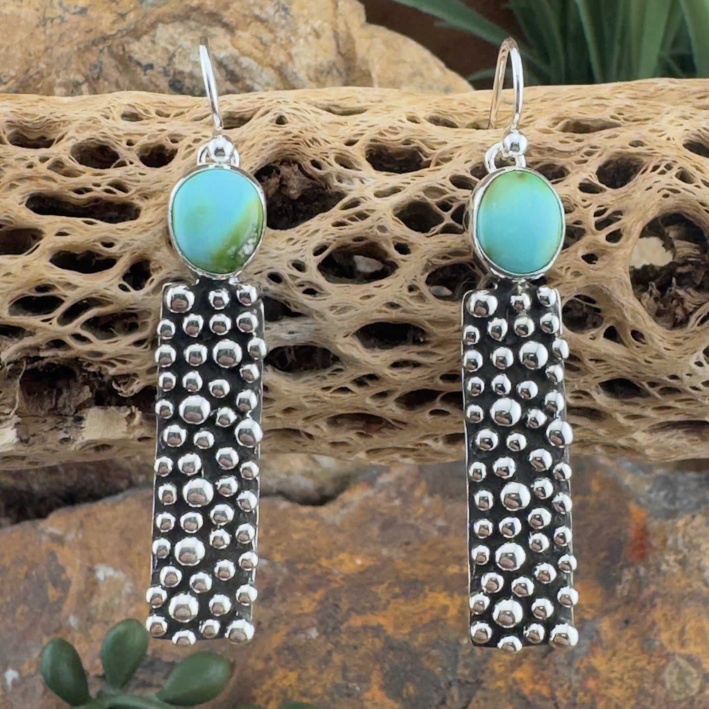 Million Drops Sonoran Gold Turquoise Sterling Silver Drop Earrings by Ray Coriz