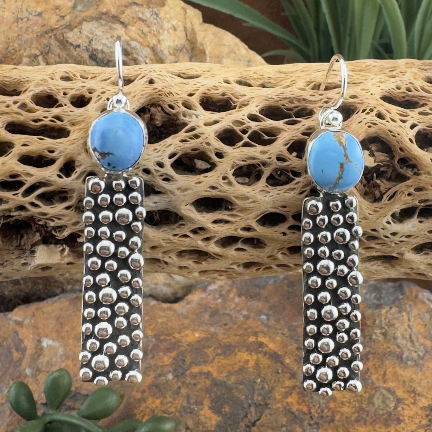 Million Drops Golden Hill Turquoise Sterling Silver Drop Earrings by Ray Coriz