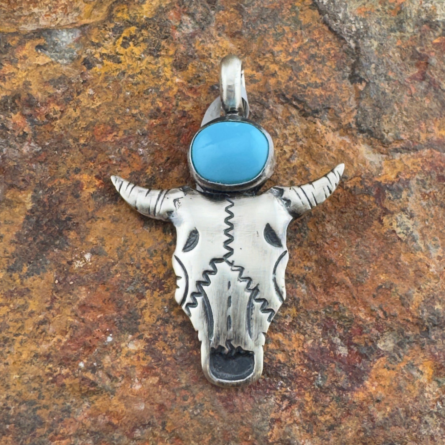 Sterling Silver Buffalo Skull Pendant with Turquoise Cabochon