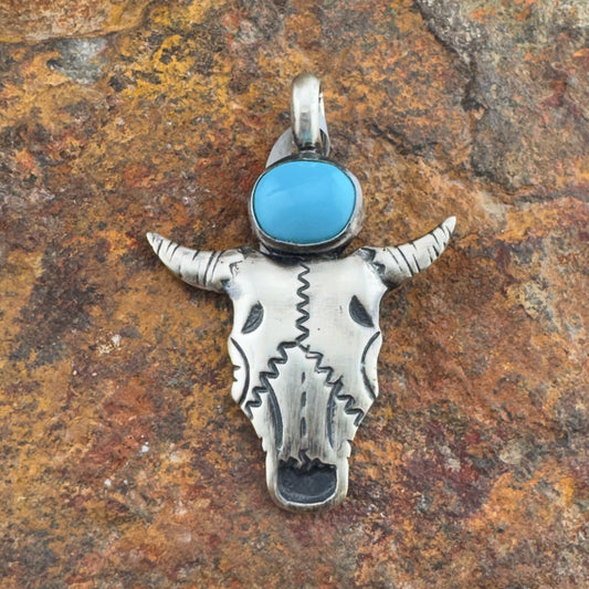 Sterling Silver Buffalo Skull Pendant with Turquoise Cabochon