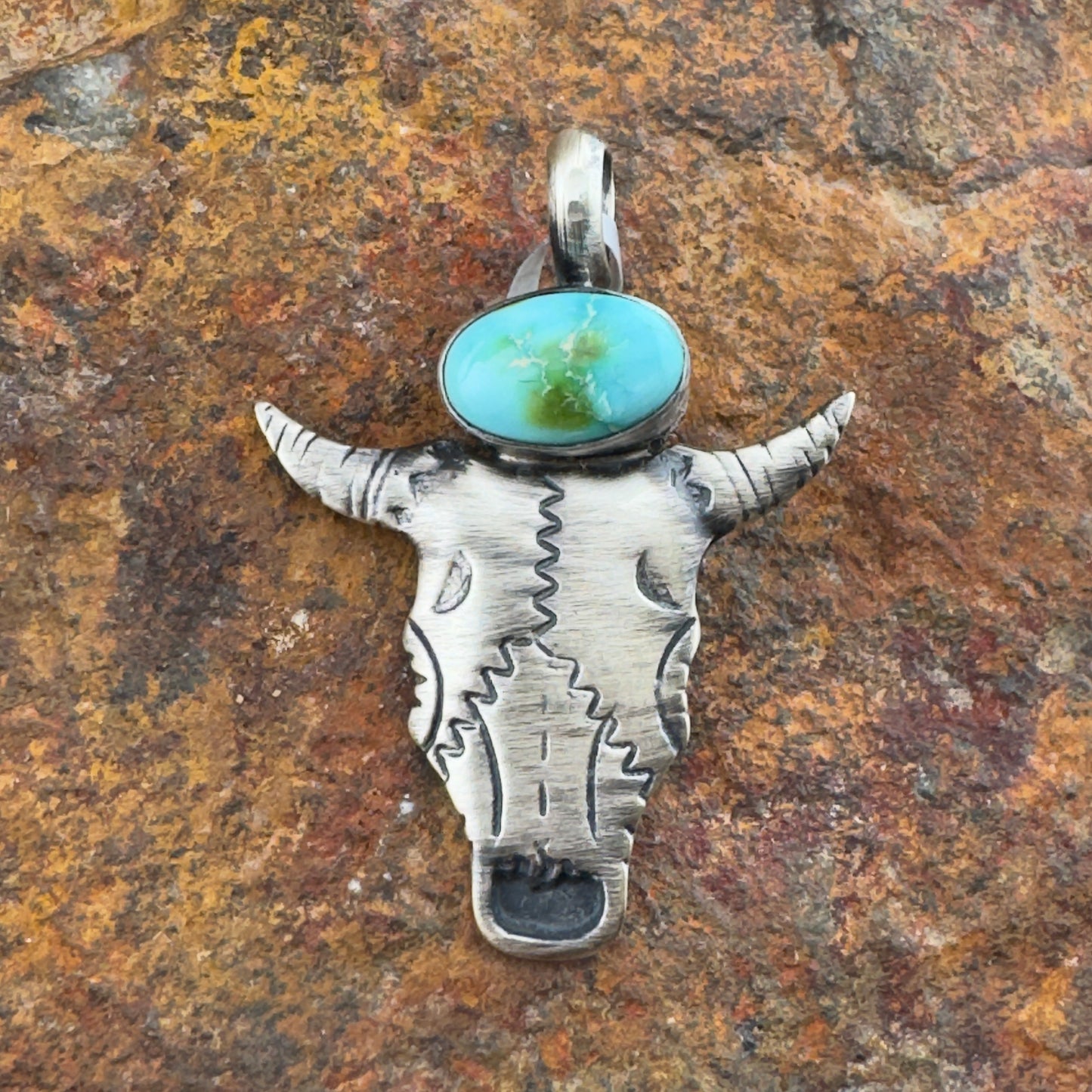 Sterling Silver Buffalo Skull Pendant with Turquoise Cabochon