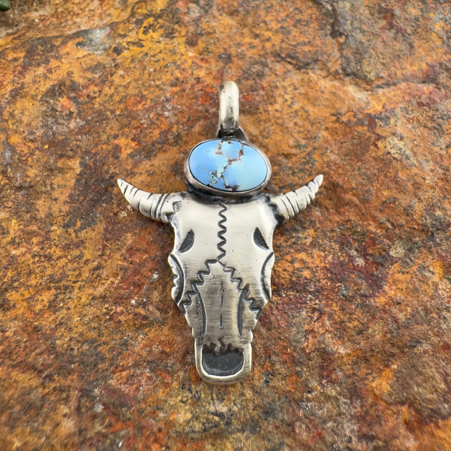 Sterling Silver Buffalo Skull Pendant with Turquoise Cabochon