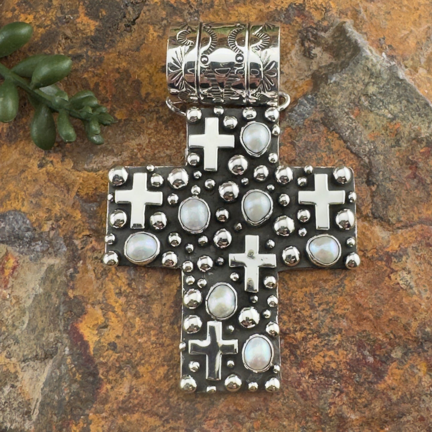 Million Drops Fresh Water Pearl Sterling Silver Pendant Cross by Ray Coriz