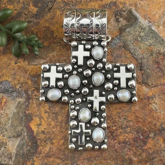 Million Drops Fresh Water Pearl Sterling Silver Pendant Cross by Ray Coriz