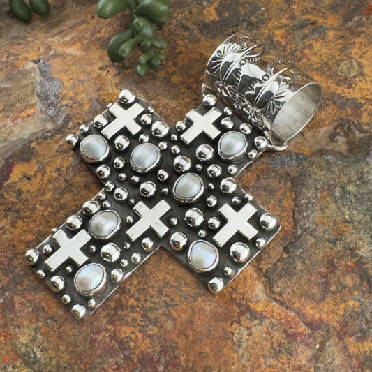 Million Drops Fresh Water Pearl Sterling Silver Pendant Cross by Ray Coriz