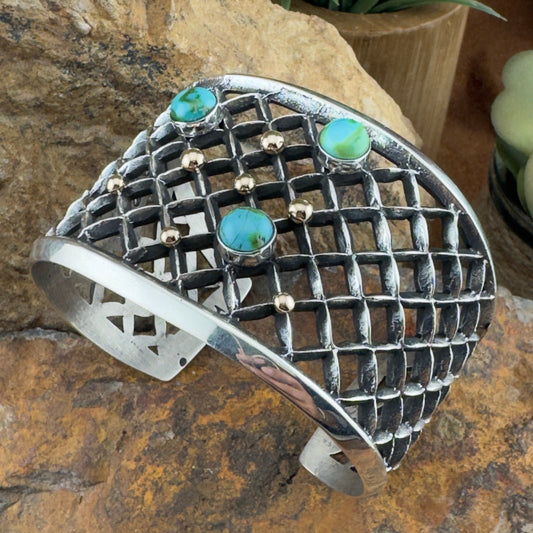 Sterling Silver Lattice Cuff with Sonoran Gold Turquoise & 14K Gold Accents by Aaron Anderson