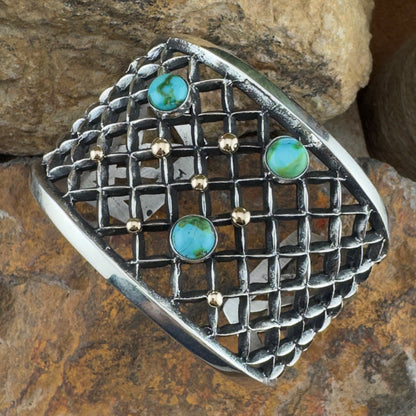 Sterling Silver Lattice Cuff with Sonoran Gold Turquoise & 14K Gold Accents by Aaron Anderson