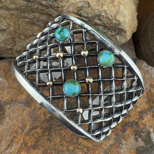 Sterling Silver Lattice Cuff with Sonoran Gold Turquoise & 14K Gold Accents by Aaron Anderson