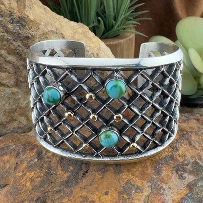 Sterling Silver Lattice Cuff with Sonoran Gold Turquoise & 14K Gold Accents by Aaron Anderson