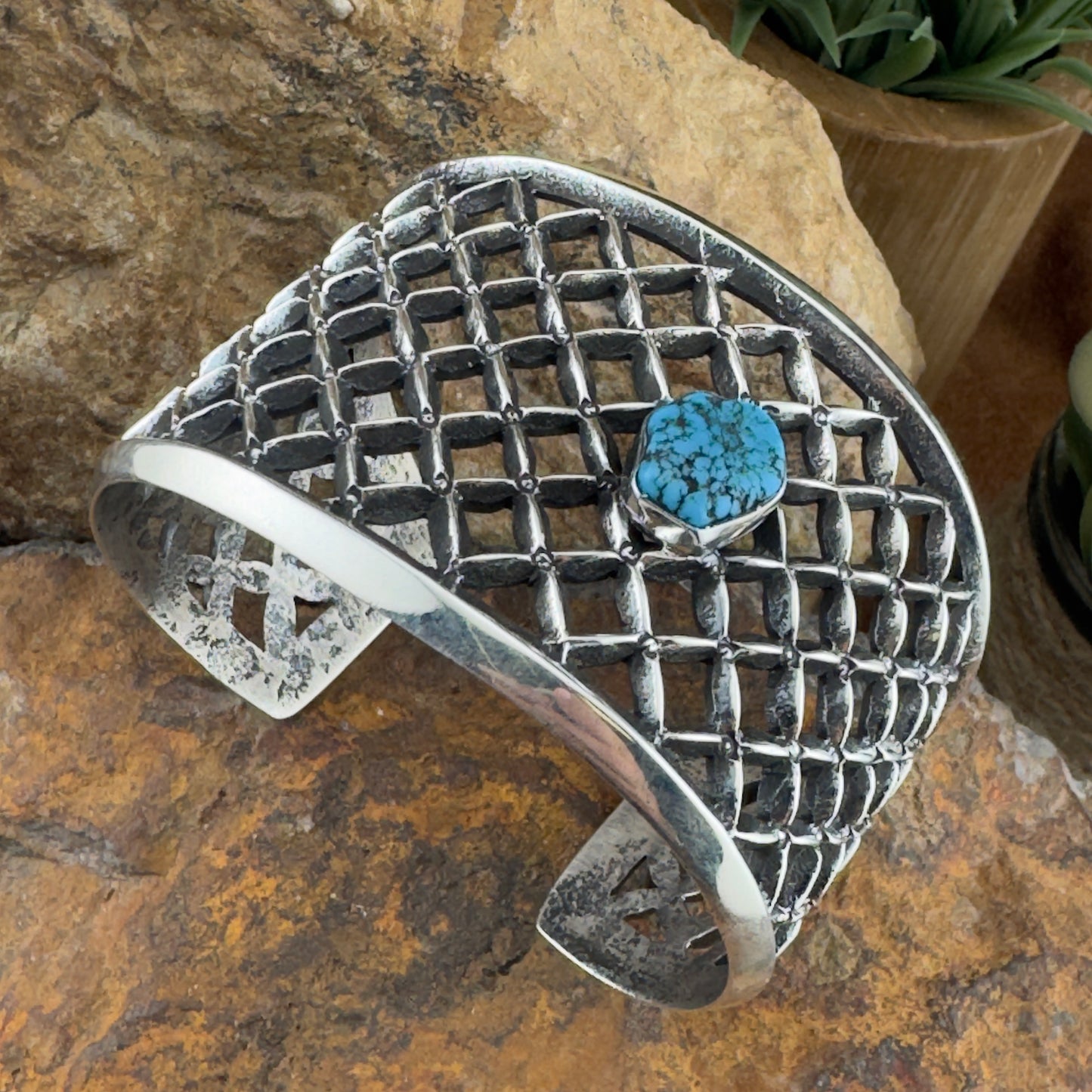 Sterling Silver Lattice Cuff with Kingman Turquoise by Aaron Anderson