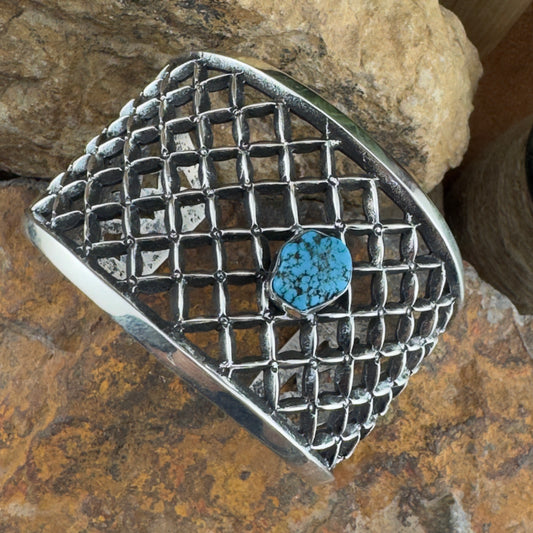 Sterling Silver Lattice Cuff with Kingman Turquoise by Aaron Anderson