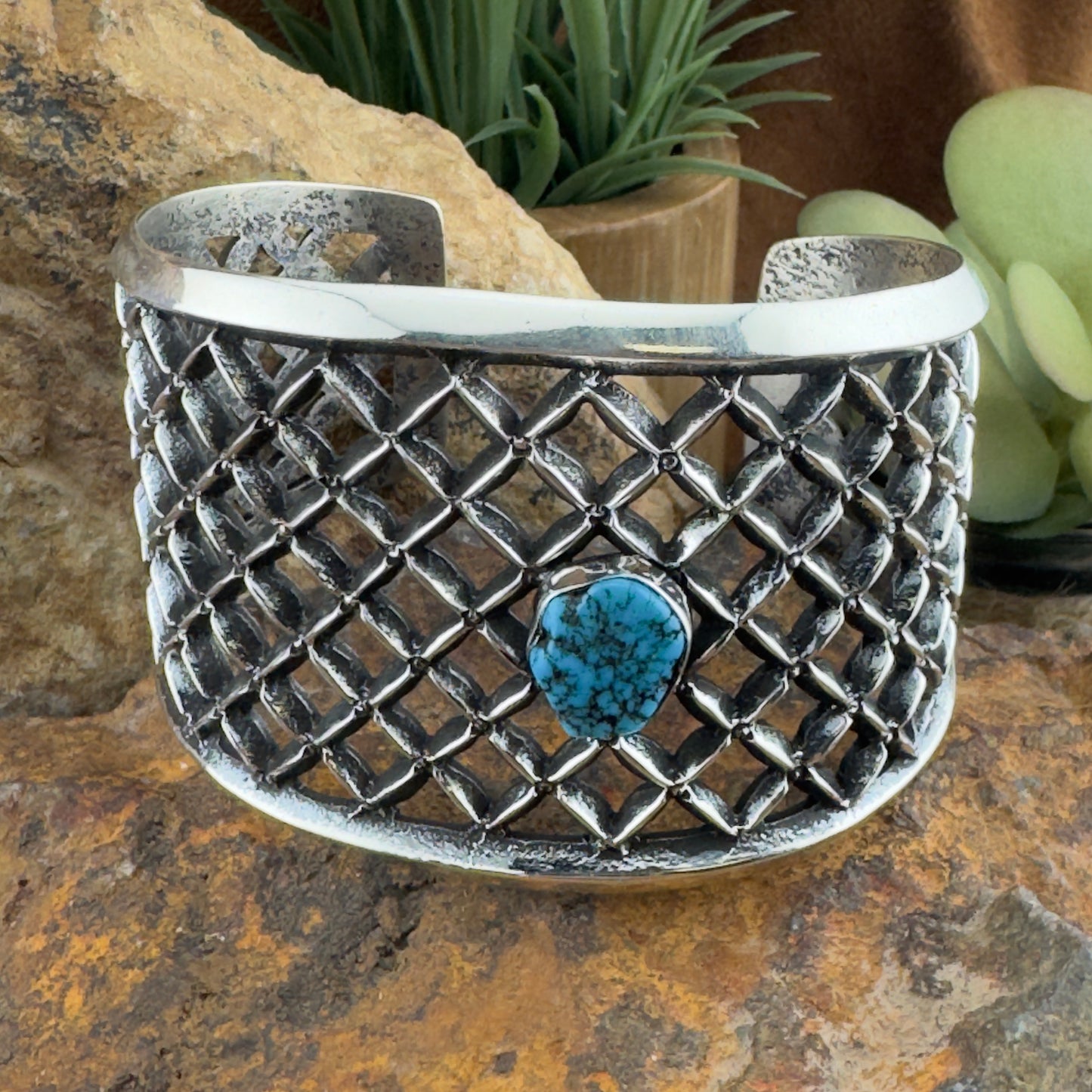 Sterling Silver Lattice Cuff with Kingman Turquoise by Aaron Anderson