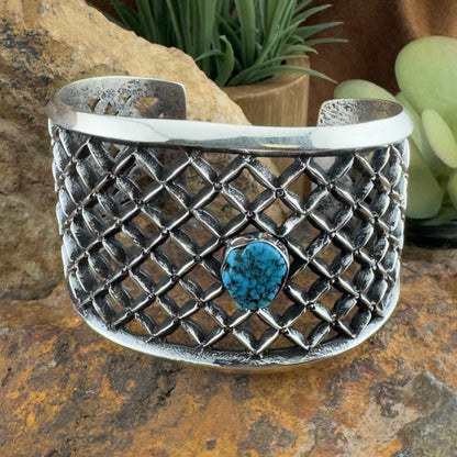 Sterling Silver Lattice Cuff with Kingman Turquoise by Aaron Anderson