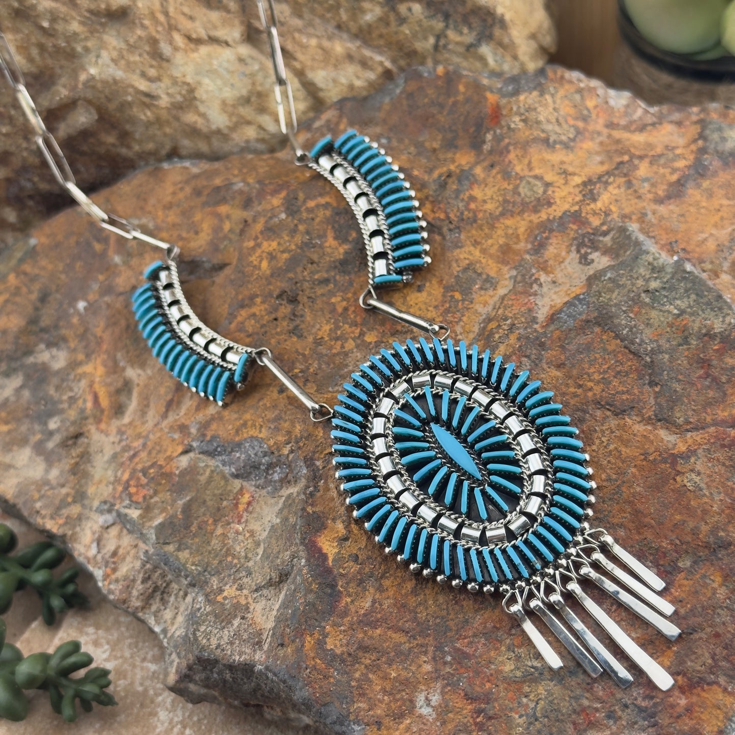Zuni Needle Point Sleeping Beauty Turquoise Necklace & Earrings by Edmund Cooeyate