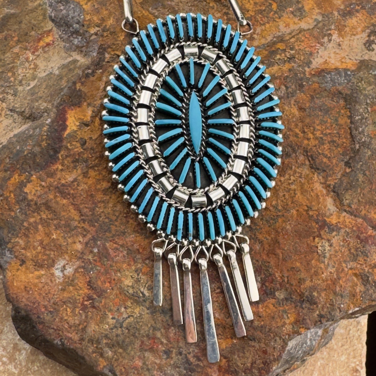 Zuni Needle Point Sleeping Beauty Turquoise Necklace & Earrings by Edmund Cooeyate