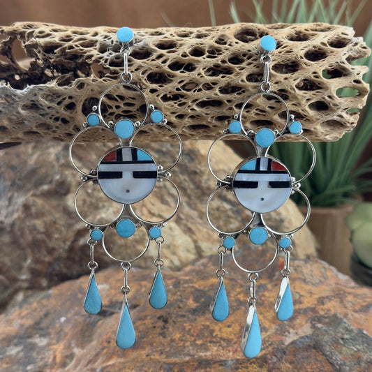 Zuni Sunface Sterling Silver Drop Earrings by Vivianita Booqua