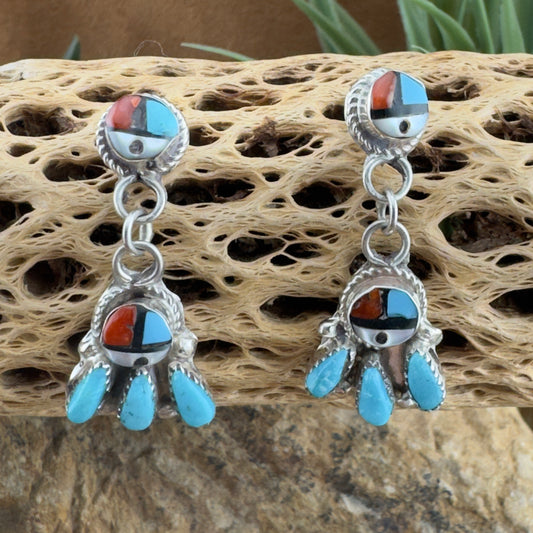 Zuni Sunface Dangle Earrings with Turquoise Teardrops