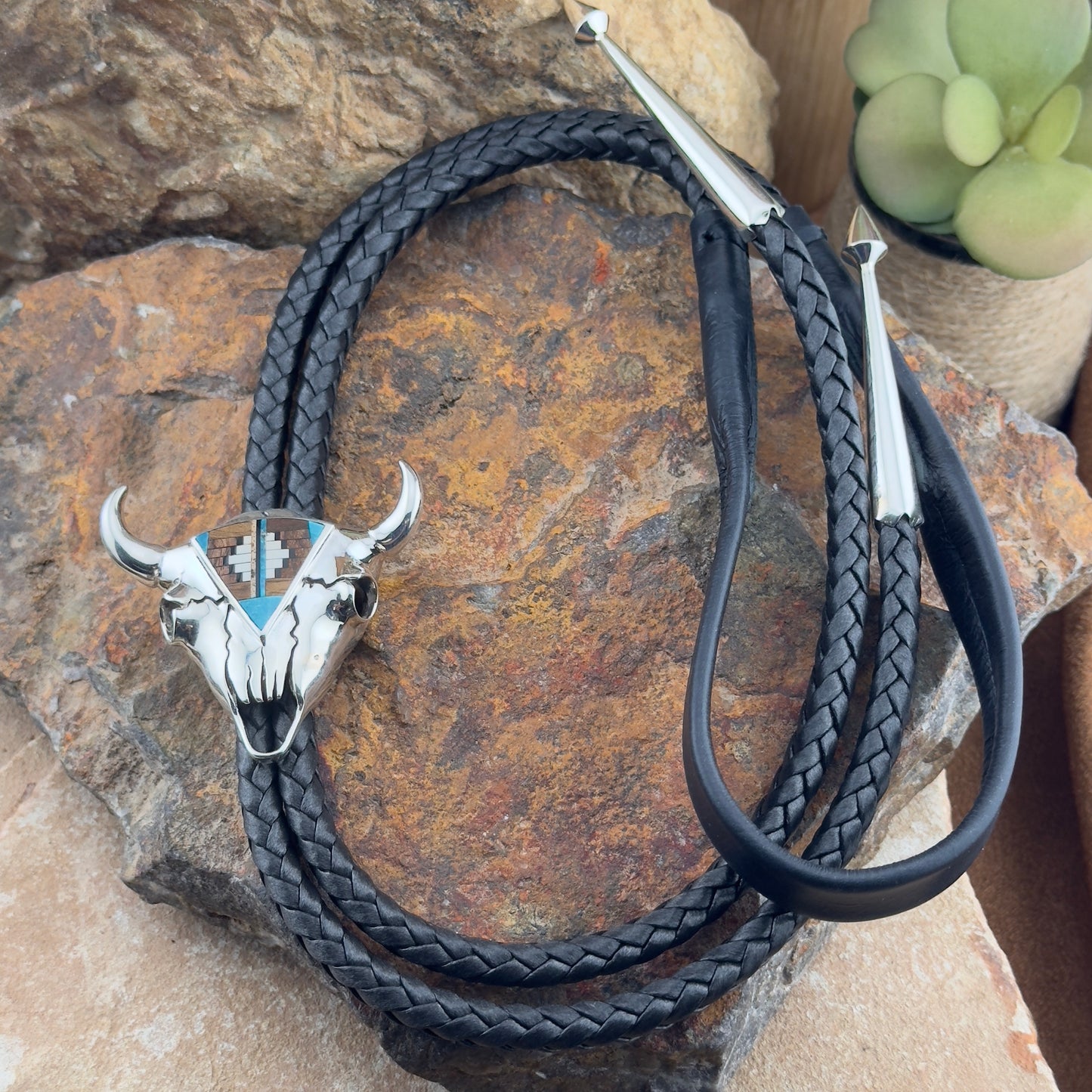 David Rosales Ironwood Inlaid Sterling Silver Buffalo Skull Bolo Tie