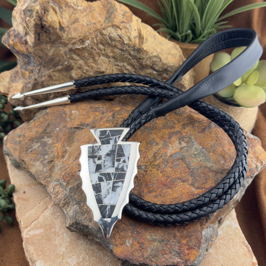 David Rosales White Buffalo Inlaid Sterling Silver Bolo Tie