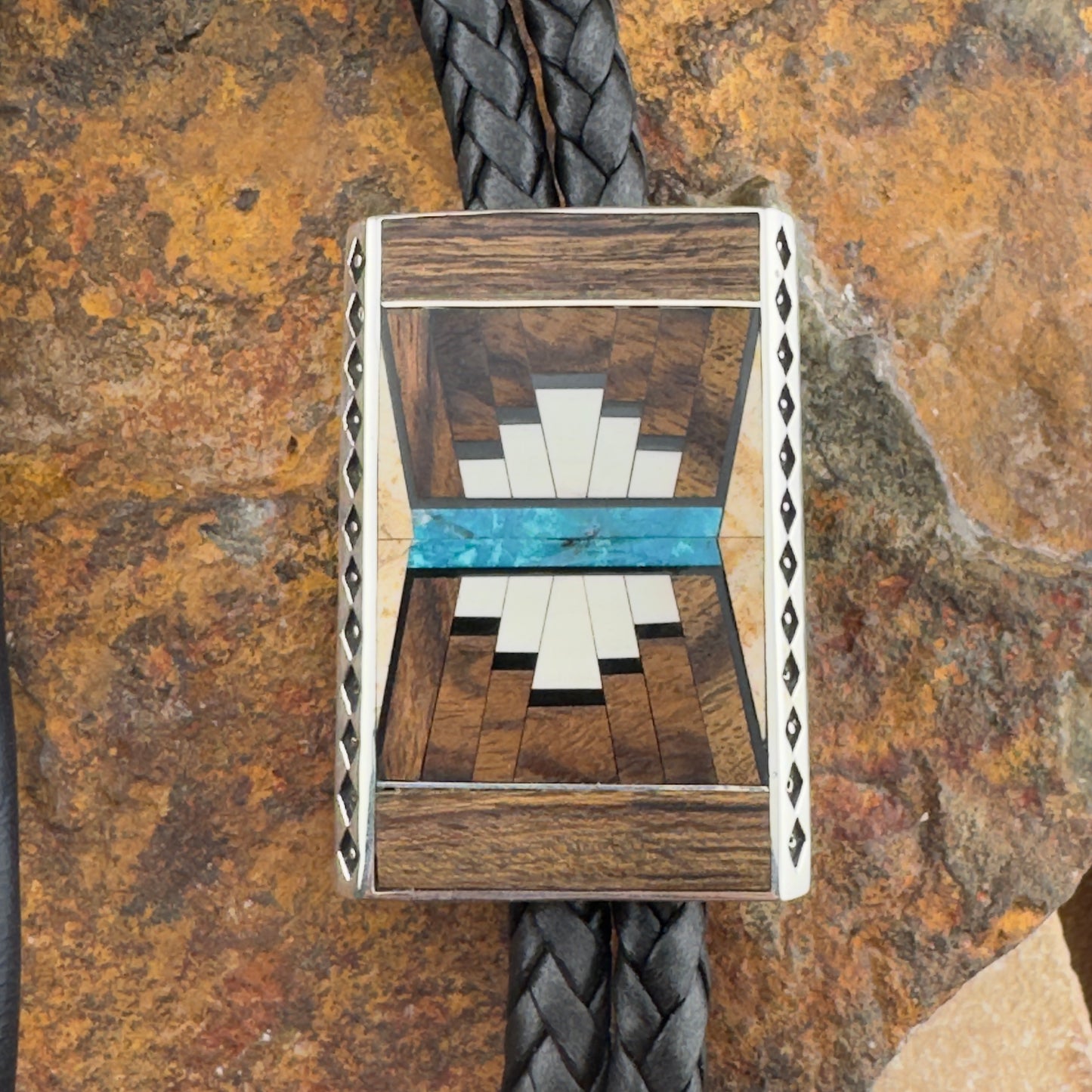 David Rosales Ironwood Fancy Inlaid Sterling Silver Bolo Tie