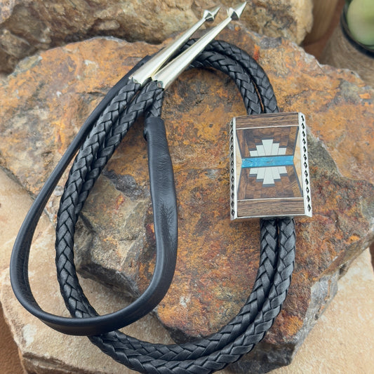 David Rosales Ironwood Fancy Inlaid Sterling Silver Bolo Tie