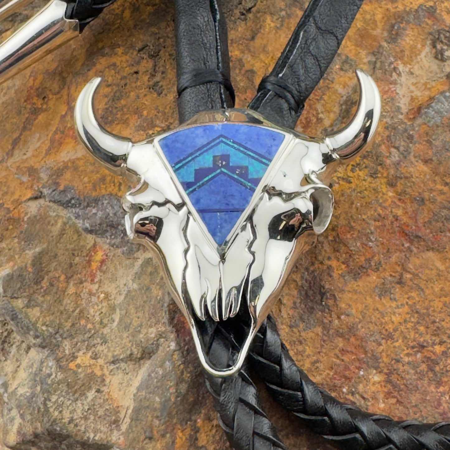 David Rosales Blue Sky Fancy Inlaid Sterling Silver Buffalo Skull Bolo Tie