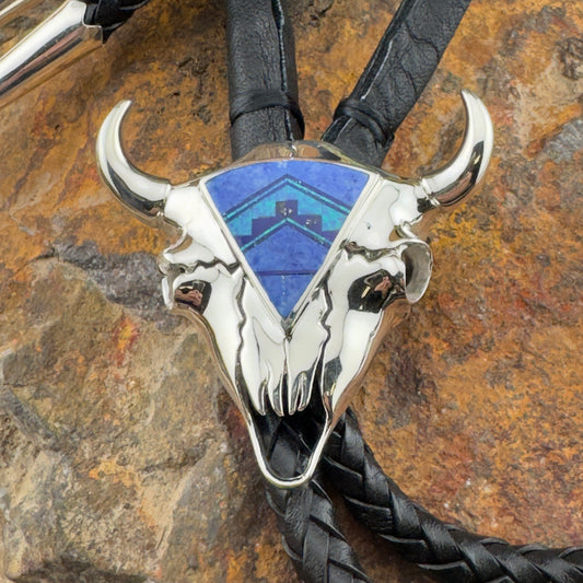 David Rosales Blue Sky Fancy Inlaid Sterling Silver Buffalo Skull Bolo Tie