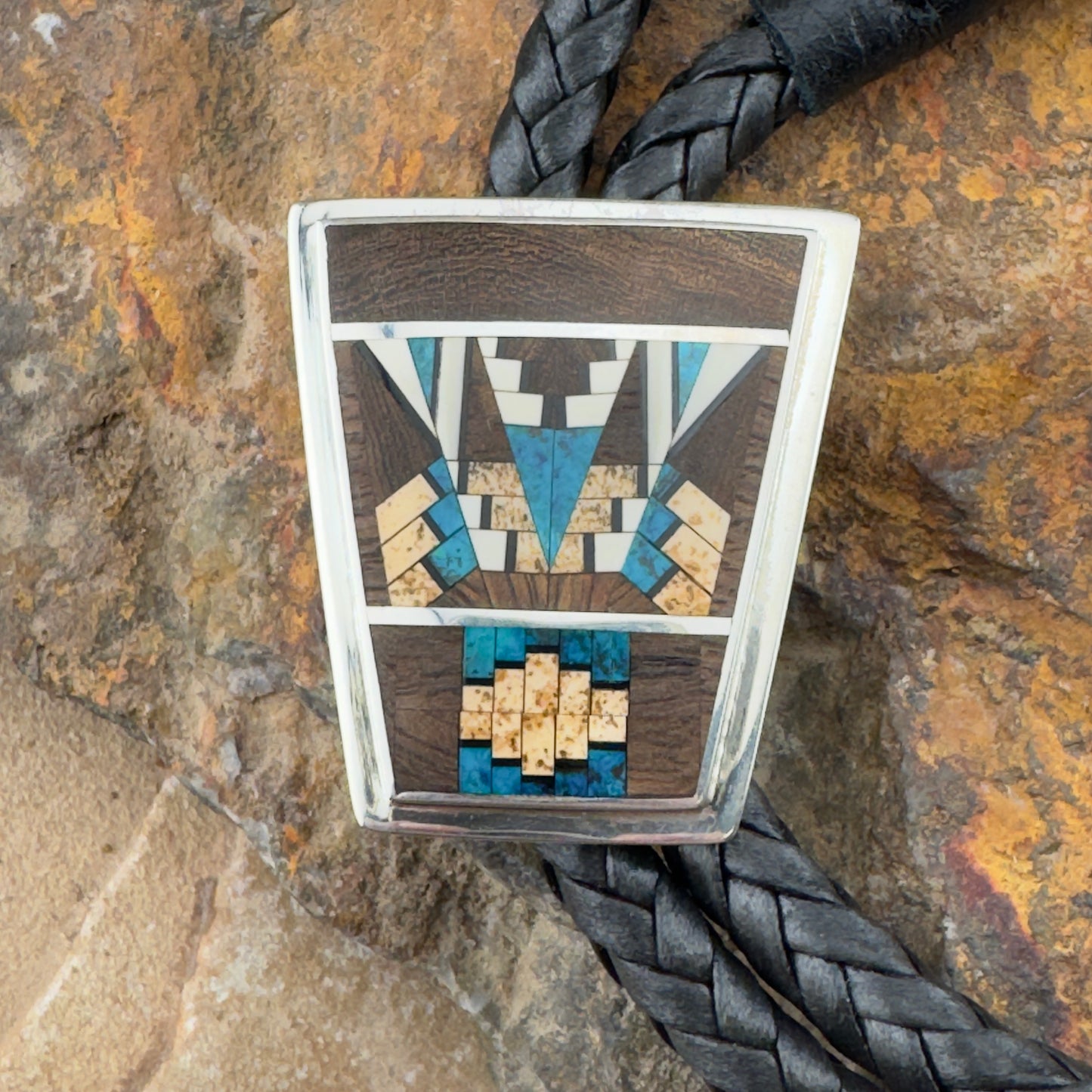 David Rosales Ironwood Fancy Inlaid Sterling Silver Bolo Tie