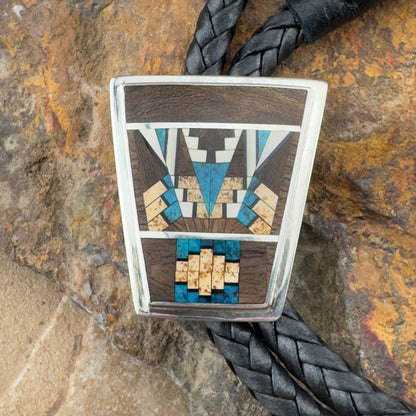 David Rosales Ironwood Fancy Inlaid Sterling Silver Bolo Tie