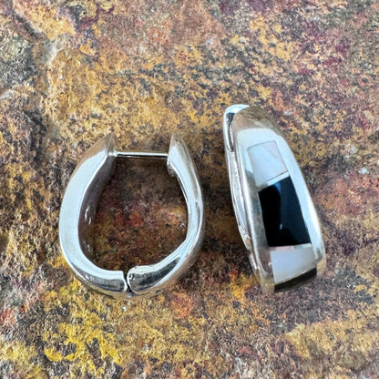 David Rosales Tuxedo Inlaid Sterling Silver Earrings Huggie