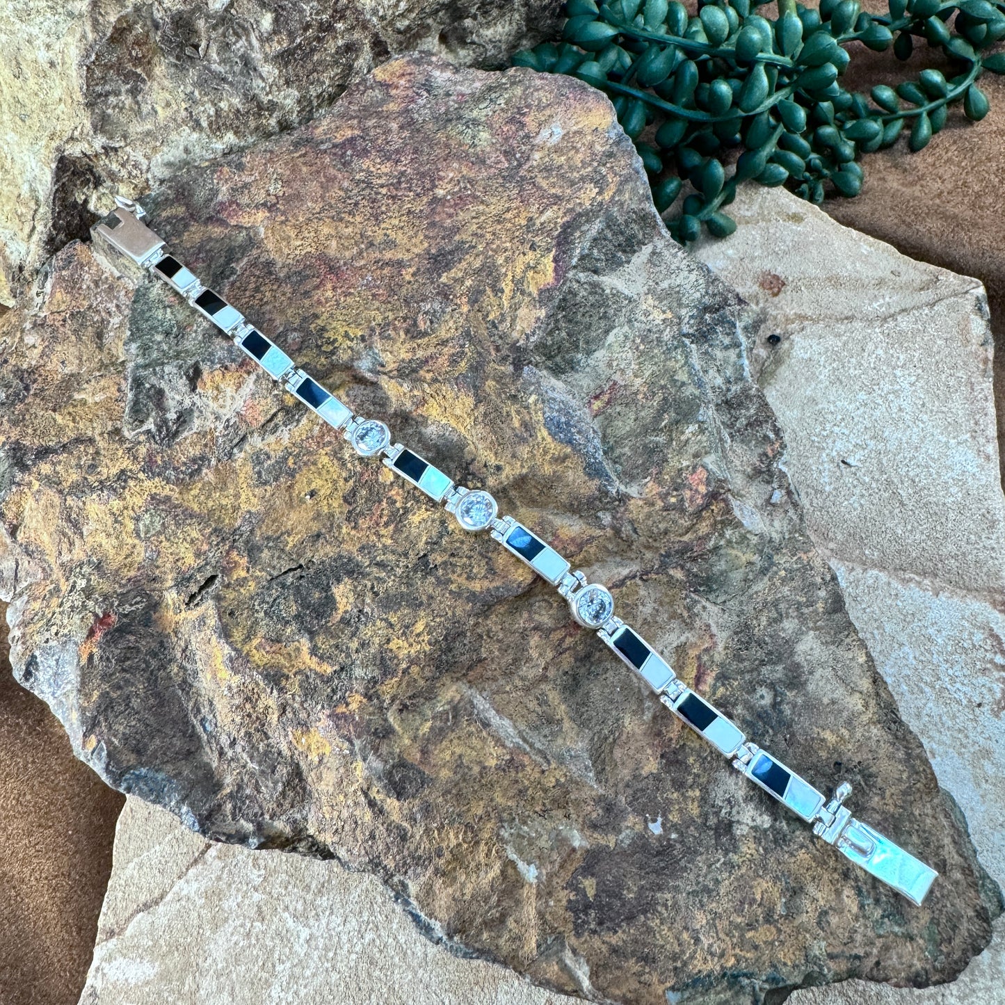 David Rosales Tuxedo Inlaid Sterling Silver Link Bracelet w/ CZ