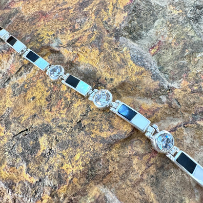 David Rosales Tuxedo Inlaid Sterling Silver Link Bracelet w/ CZ