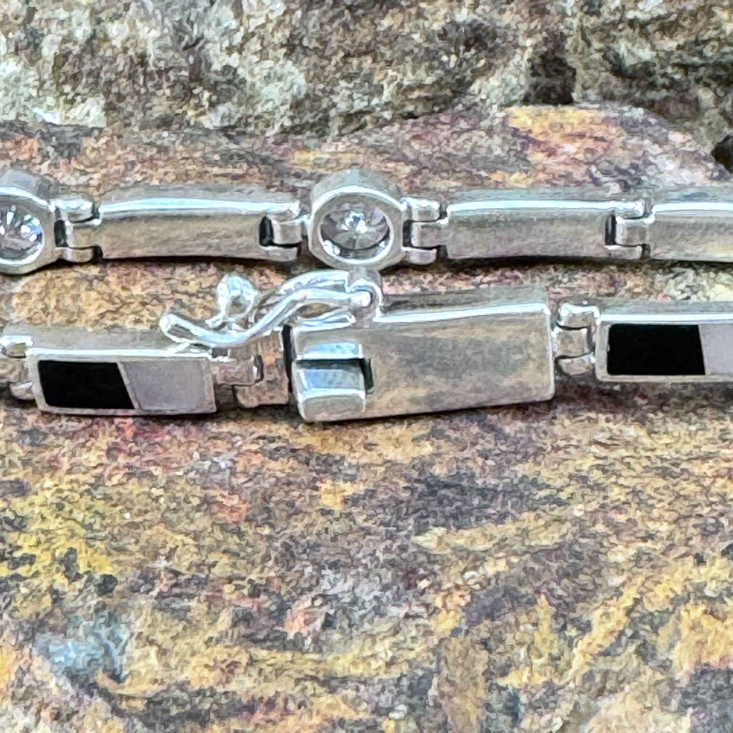 David Rosales Tuxedo Inlaid Sterling Silver Link Bracelet w/ CZ