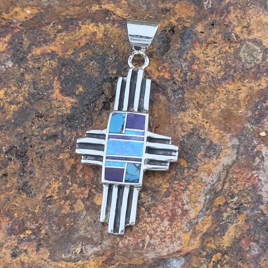 David Rosales Shalako Inlaid Sterling Silver Pendant Cross