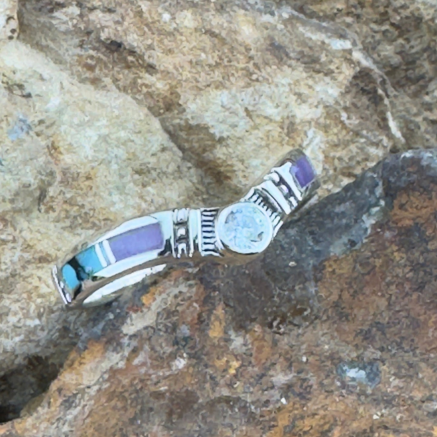 David Rosales Shalako Inlaid Sterling Silver Ring w/ Cubic Zirconia