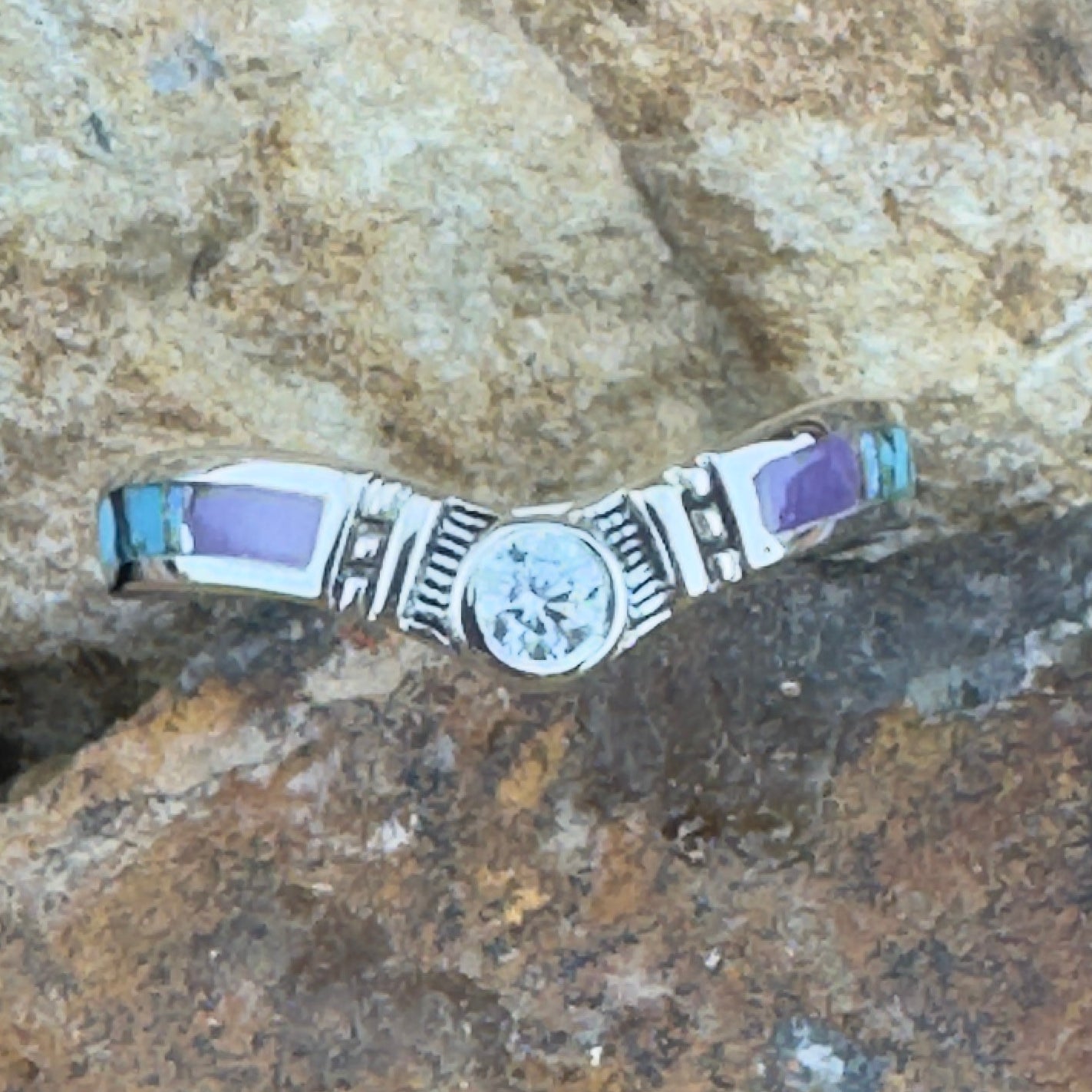 David Rosales Shalako Inlaid Sterling Silver Ring w/ Cubic Zirconia