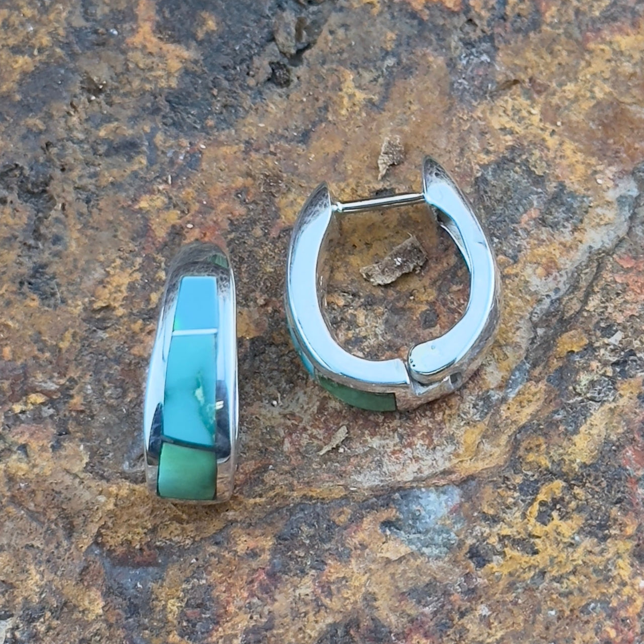 David Rosales Sonoran Gold Turquoise Inlaid Sterling Silver Huggie Earrings