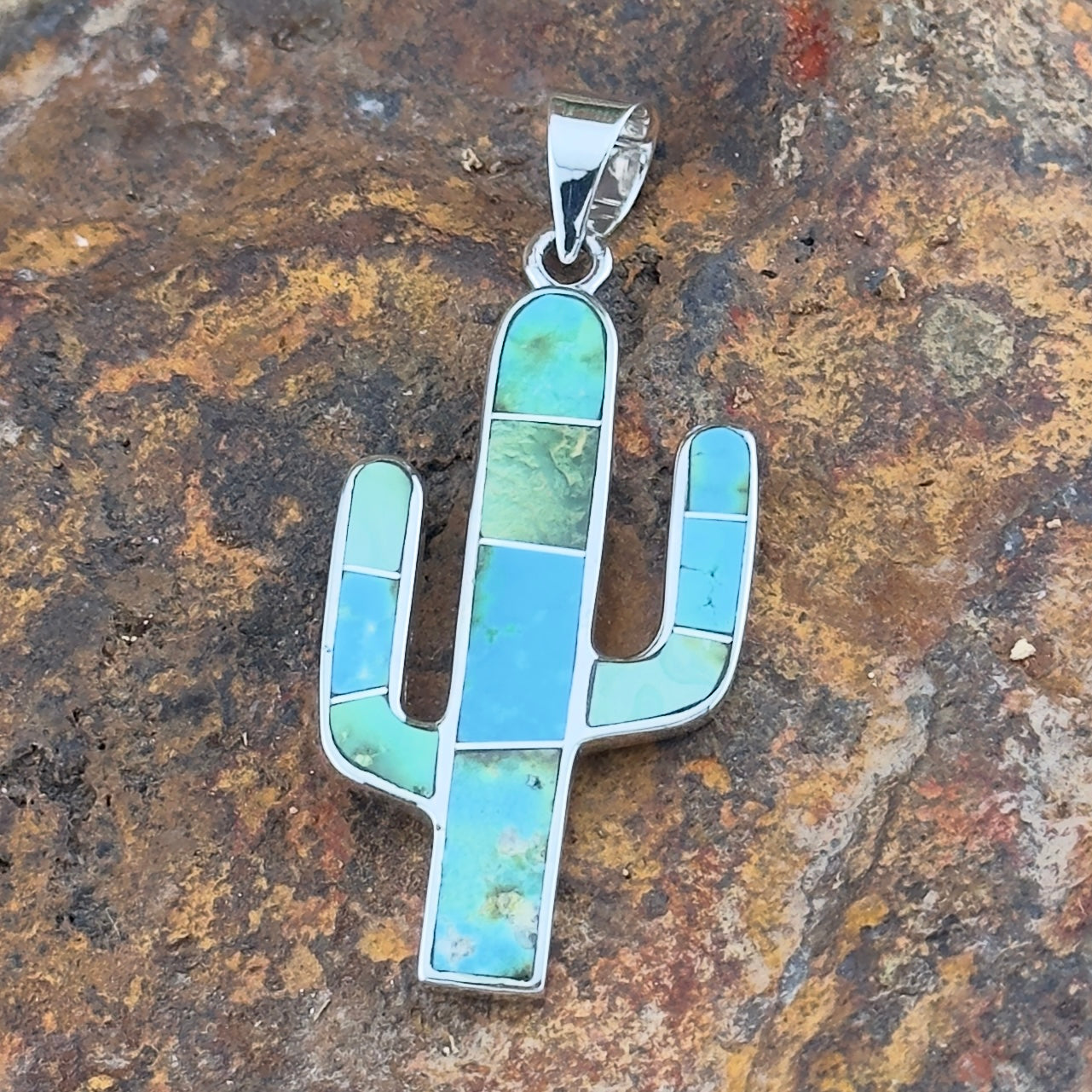 David Rosales Sonoran Gold Inlaid Sterling Silver Pendant Cactus