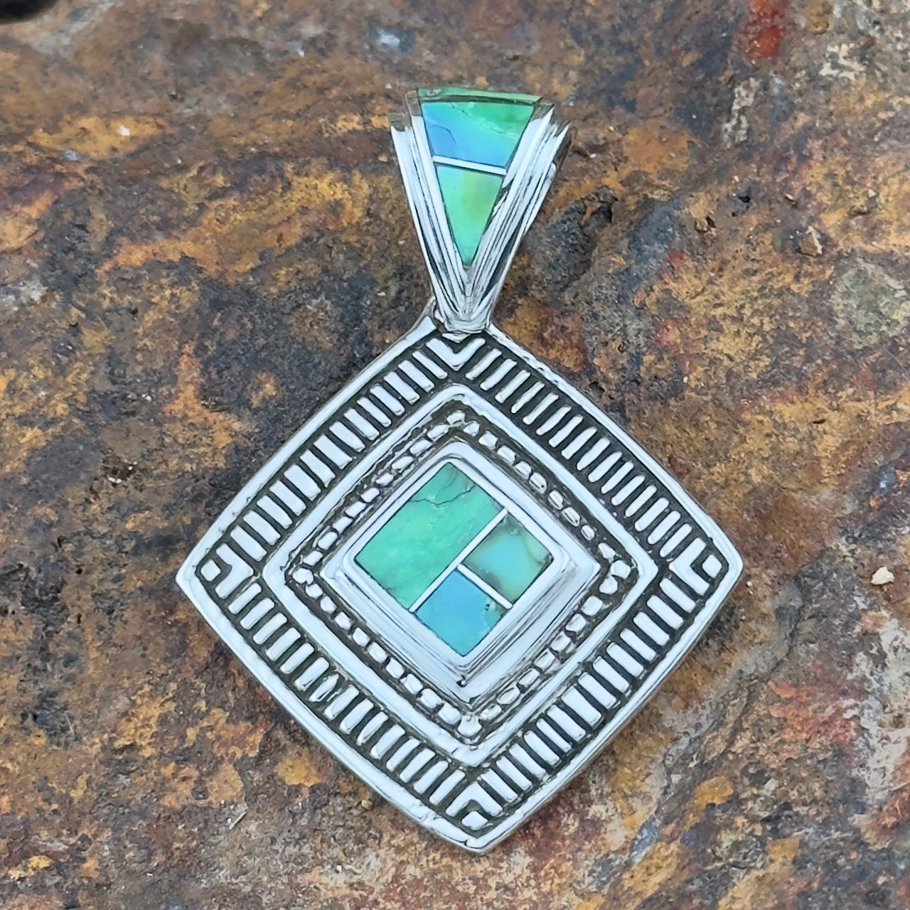 David Rosales Sonoran Gold Turquoise Inlaid Sterling Silver Pendant