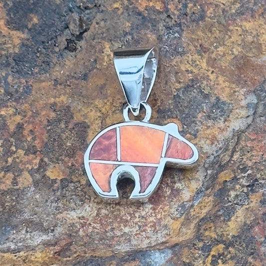 David Rosales Desert Fire Inlaid Sterling Silver Pendant Little Bear