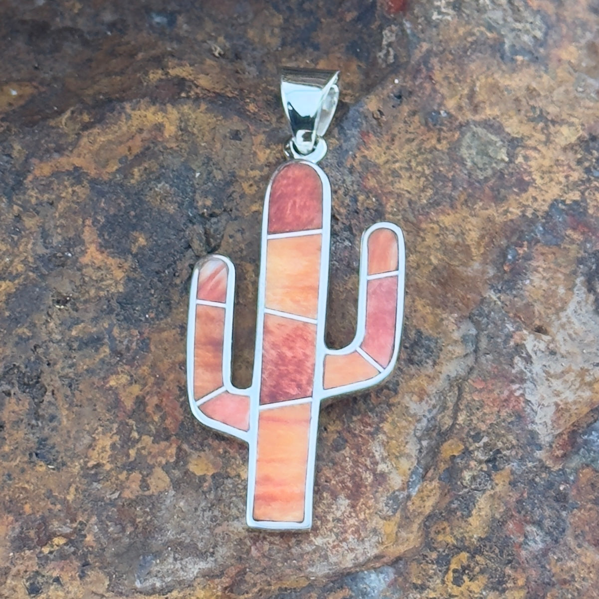 David Rosales Desert Fire Inlaid Sterling Silver Pendant Cactus