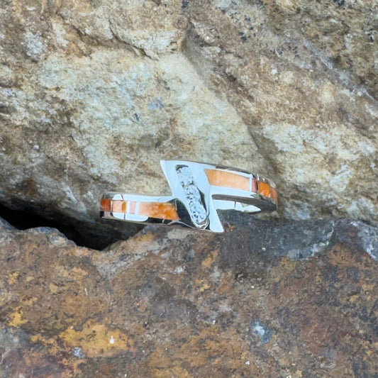 David Rosales Desert Fire Inlaid Sterling Silver Ring w/ Cubic Zirconia