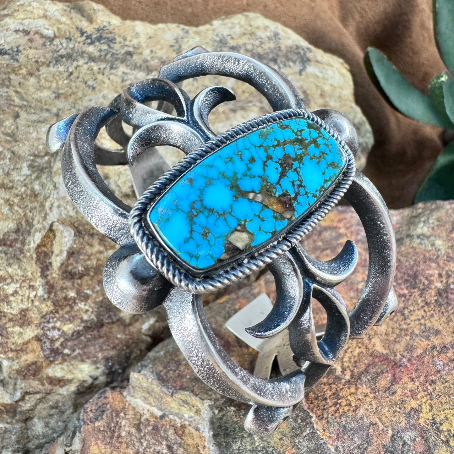Sterling Silver Openwork Cuff Bracelet with Royston Turquoise by Aaron A
